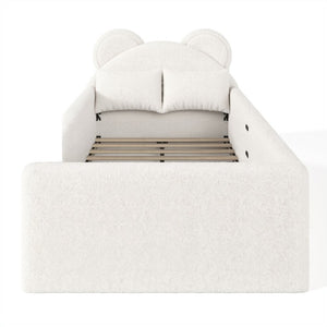 English Elm Full Kids Plush Teddy Upholstered Floor Bed with Rabbit Headboard and Side Pockets Beige 78.35 L x 40.16 W x 32.28 H W5305P519070