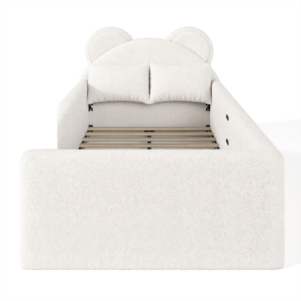 English Elm Full Kids Plush Teddy Upholstered Floor Bed with Rabbit Headboard and Side Pockets Beige 78.35 L x 40.16 W x 32.28 H W5305P519070