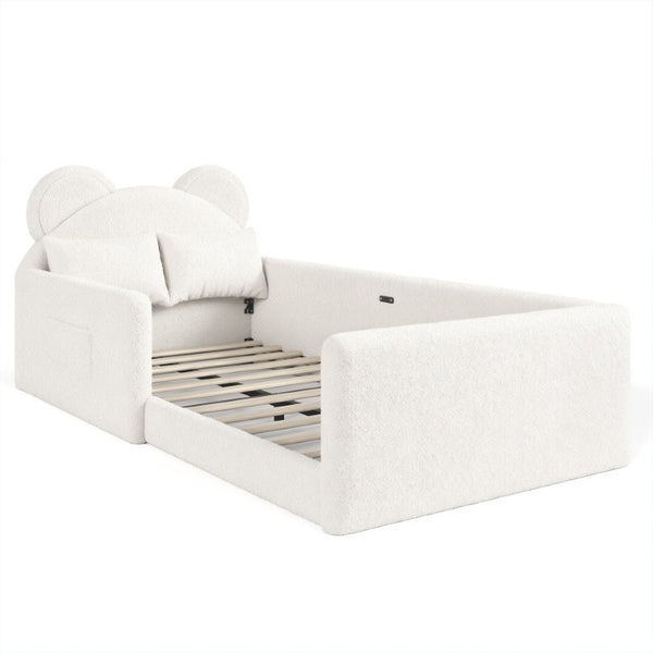 English Elm Full Kids Plush Teddy Upholstered Floor Bed with Rabbit Headboard and Side Pockets Beige 78.35 L x 40.16 W x 32.28 H W5305P519070