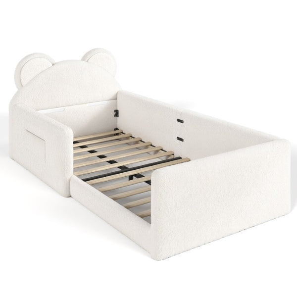 English Elm Full Kids Plush Teddy Upholstered Floor Bed with Rabbit Headboard and Side Pockets Beige 78.35 L x 40.16 W x 32.28 H W5305P519070