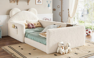 English Elm Full Kids Plush Teddy Upholstered Floor Bed with Rabbit Headboard and Side Pockets Beige 78.35 L x 40.16 W x 32.28 H W5305P519070