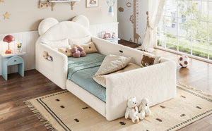 English Elm Full Kids Plush Teddy Upholstered Floor Bed with Rabbit Headboard and Side Pockets Beige 78.35 L x 40.16 W x 32.28 H W5305P519070