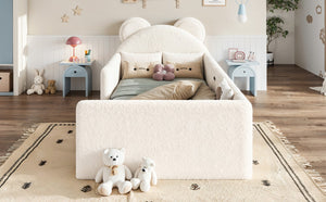 English Elm Full Kids Plush Teddy Upholstered Floor Bed with Rabbit Headboard and Side Pockets Beige 78.35 L x 40.16 W x 32.28 H W5305P519070