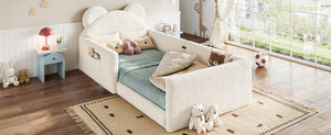 English Elm Full Kids Plush Teddy Upholstered Floor Bed with Rabbit Headboard and Side Pockets Beige 78.35 L x 40.16 W x 32.28 H W5305P519070