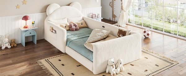 English Elm Full Kids Plush Teddy Upholstered Floor Bed with Rabbit Headboard and Side Pockets Beige 78.35 L x 40.16 W x 32.28 H W5305P519070