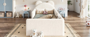 English Elm Full Kids Plush Teddy Upholstered Floor Bed with Rabbit Headboard and Side Pockets Beige 78.35 L x 40.16 W x 32.28 H W5305P519070