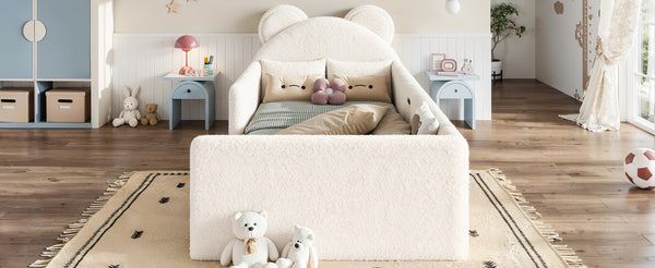 English Elm Full Kids Plush Teddy Upholstered Floor Bed with Rabbit Headboard and Side Pockets Beige 78.35 L x 40.16 W x 32.28 H W5305P519070