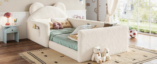 English Elm Full Kids Plush Teddy Upholstered Floor Bed with Rabbit Headboard and Side Pockets Beige 78.35 L x 40.16 W x 32.28 H W5305P519070
