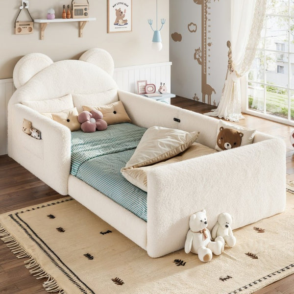 English Elm Full Kids Plush Teddy Upholstered Floor Bed with Rabbit Headboard and Side Pockets Beige 78.35 L x 40.16 W x 32.28 H W5305P519070