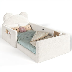 English Elm Full Kids Plush Teddy Upholstered Floor Bed with Rabbit Headboard and Side Pockets Beige 78.35 L x 40.16 W x 32.28 H W5305P519070