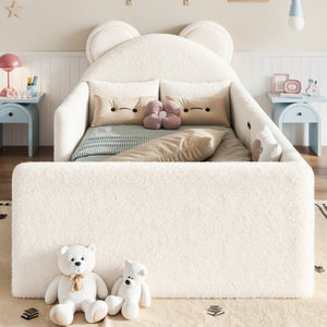 English Elm Full Kids Plush Teddy Upholstered Floor Bed with Rabbit Headboard and Side Pockets Beige 78.35 L x 40.16 W x 32.28 H W5305P519070