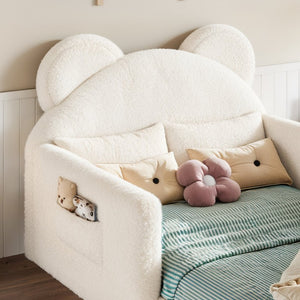 English Elm Full Kids Plush Teddy Upholstered Floor Bed with Rabbit Headboard and Side Pockets Beige 78.35 L x 40.16 W x 32.28 H W5305P519070