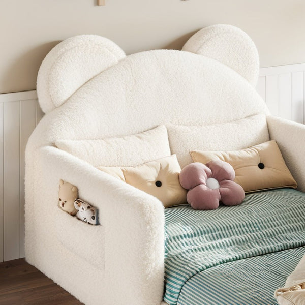 English Elm Full Kids Plush Teddy Upholstered Floor Bed with Rabbit Headboard and Side Pockets Beige 78.35 L x 40.16 W x 32.28 H W5305P519070