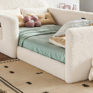English Elm Full Kids Plush Teddy Upholstered Floor Bed with Rabbit Headboard and Side Pockets Beige 78.35 L x 40.16 W x 32.28 H W5305P519070