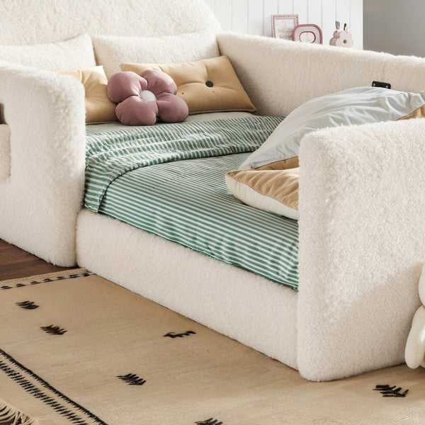 English Elm Full Kids Plush Teddy Upholstered Floor Bed with Rabbit Headboard and Side Pockets Beige 78.35 L x 40.16 W x 32.28 H W5305P519070