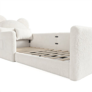 English Elm Full Kids Plush Teddy Upholstered Floor Bed with Rabbit Headboard and Side Pockets Beige 78.35 L x 40.16 W x 32.28 H W5305P519070