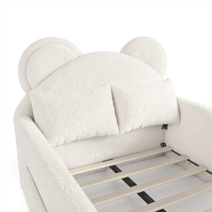 English Elm Full Kids Plush Teddy Upholstered Floor Bed with Rabbit Headboard and Side Pockets Beige 78.35 L x 40.16 W x 32.28 H W5305P519070