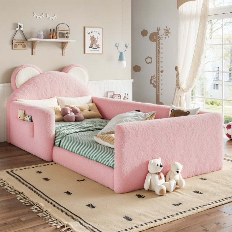 English Elm Twin Bear Shaped Kids Floor Bed Plush Teddy Upholstered Low Profile Toddler Frame Twin Antique White/Pink W5305P519071
