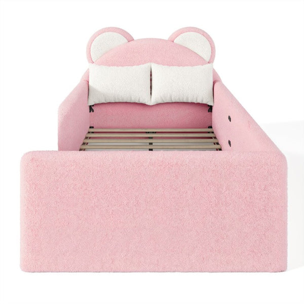 English Elm Twin Bear Shaped Kids Floor Bed Plush Teddy Upholstered Low Profile Toddler Frame Twin Antique White/Pink W5305P519071