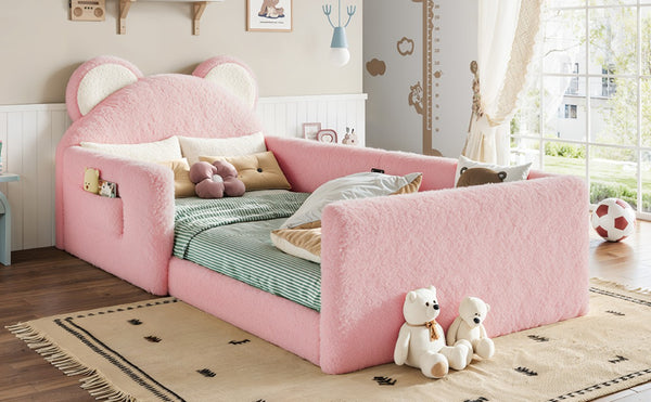 English Elm Twin Bear Shaped Kids Floor Bed Plush Teddy Upholstered Low Profile Toddler Frame Twin Antique White/Pink W5305P519071