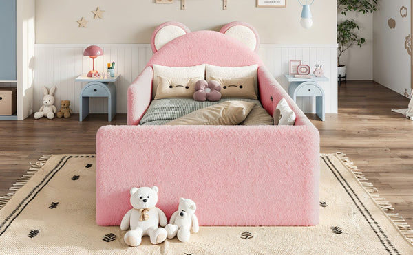 English Elm Twin Bear Shaped Kids Floor Bed Plush Teddy Upholstered Low Profile Toddler Frame Twin Antique White/Pink W5305P519071