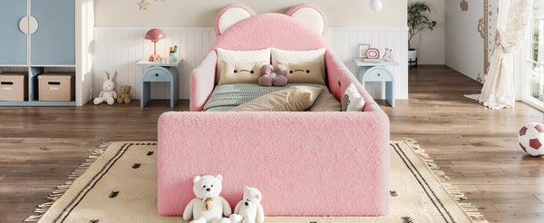 English Elm Twin Bear Shaped Kids Floor Bed Plush Teddy Upholstered Low Profile Toddler Frame Twin Antique White/Pink W5305P519071