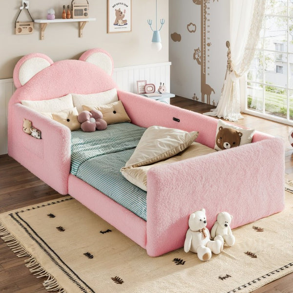 English Elm Twin Bear Shaped Kids Floor Bed Plush Teddy Upholstered Low Profile Toddler Frame Twin Antique White/Pink W5305P519071