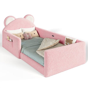 English Elm Twin Bear Shaped Kids Floor Bed Plush Teddy Upholstered Low Profile Toddler Frame Twin Antique White/Pink W5305P519071