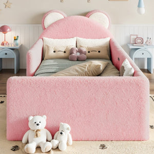 English Elm Twin Bear Shaped Kids Floor Bed Plush Teddy Upholstered Low Profile Toddler Frame Twin Antique White/Pink W5305P519071