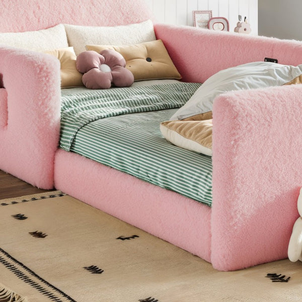 English Elm Twin Bear Shaped Kids Floor Bed Plush Teddy Upholstered Low Profile Toddler Frame Twin Antique White/Pink W5305P519071