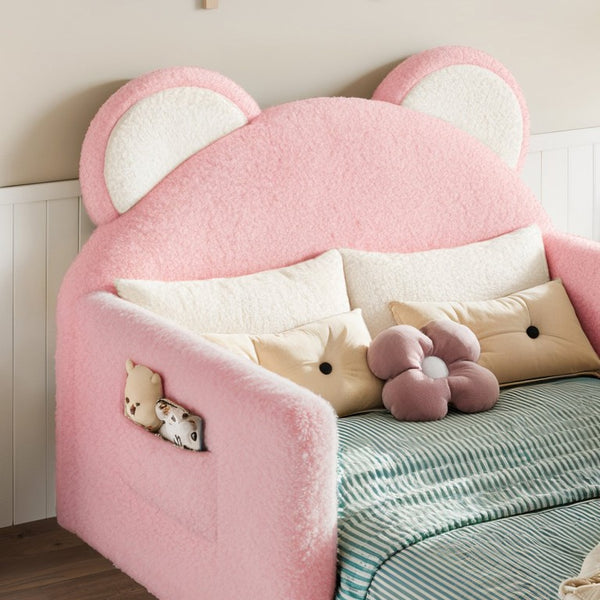 English Elm Twin Bear Shaped Kids Floor Bed Plush Teddy Upholstered Low Profile Toddler Frame Twin Antique White/Pink W5305P519071