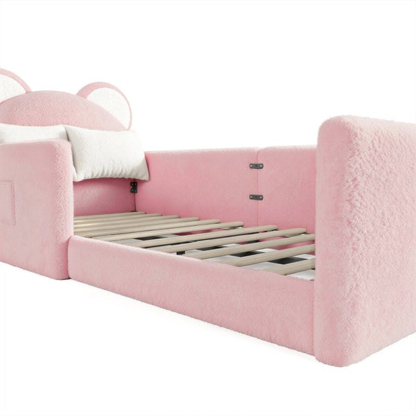English Elm Twin Bear Shaped Kids Floor Bed Plush Teddy Upholstered Low Profile Toddler Frame Twin Antique White/Pink W5305P519071
