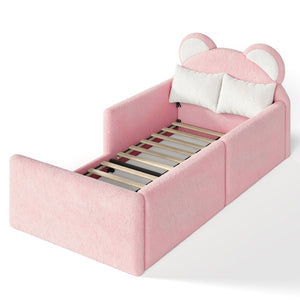 English Elm Twin Bear Shaped Kids Floor Bed Plush Teddy Upholstered Low Profile Toddler Frame Twin Antique White/Pink W5305P519071