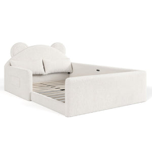 English Elm Twin Bear Shaped Kids Floor Bed Plush Teddy Upholstered Low Profile Toddler Frame Full Beige W5305P519073