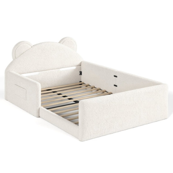 English Elm Twin Bear Shaped Kids Floor Bed Plush Teddy Upholstered Low Profile Toddler Frame Full Beige W5305P519073