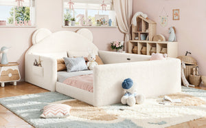 English Elm Twin Bear Shaped Kids Floor Bed Plush Teddy Upholstered Low Profile Toddler Frame Full Beige W5305P519073