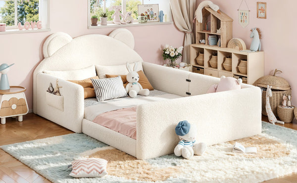 English Elm Twin Bear Shaped Kids Floor Bed Plush Teddy Upholstered Low Profile Toddler Frame Full Beige W5305P519073