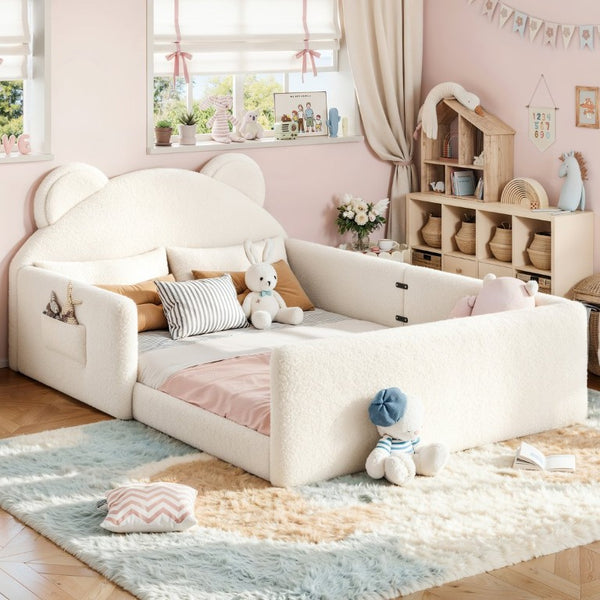 English Elm Twin Bear Shaped Kids Floor Bed Plush Teddy Upholstered Low Profile Toddler Frame Full Beige W5305P519073