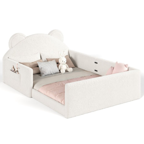 English Elm Twin Bear Shaped Kids Floor Bed Plush Teddy Upholstered Low Profile Toddler Frame Full Beige W5305P519073