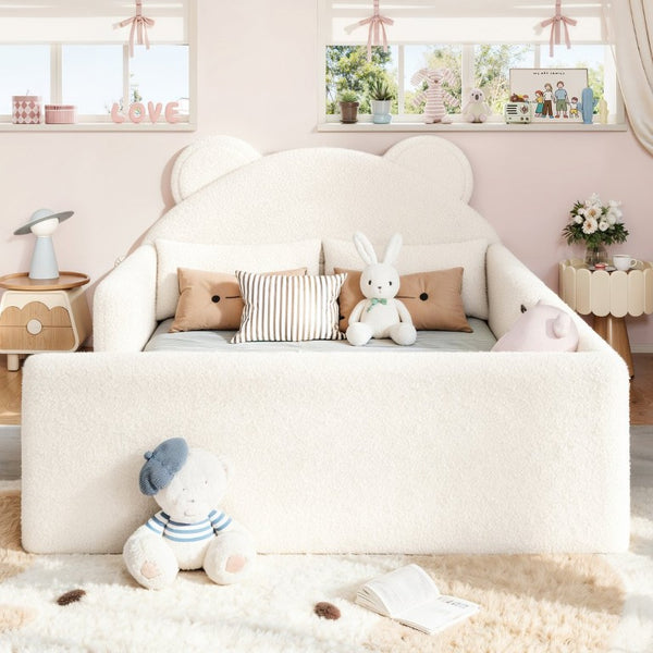English Elm Twin Bear Shaped Kids Floor Bed Plush Teddy Upholstered Low Profile Toddler Frame Full Beige W5305P519073