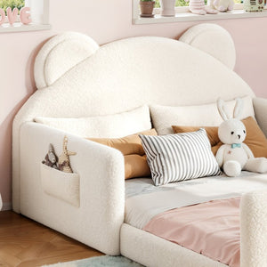 English Elm Twin Bear Shaped Kids Floor Bed Plush Teddy Upholstered Low Profile Toddler Frame Full Beige W5305P519073