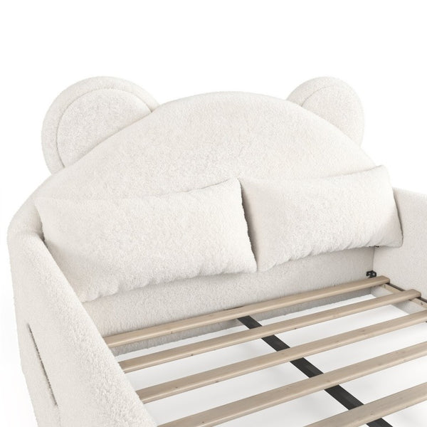 English Elm Twin Bear Shaped Kids Floor Bed Plush Teddy Upholstered Low Profile Toddler Frame Full Beige W5305P519073