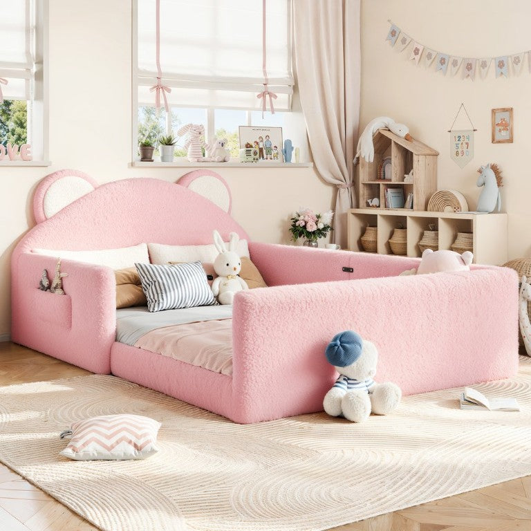 English Elm Full Kids Low Floor Bed Plush Teddy Fabric with Detachable Bear Headboard Cushion Full Antique White, Pink W5305P519074