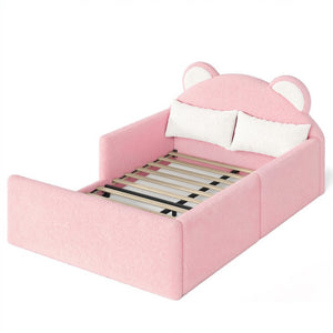 English Elm Full Kids Low Floor Bed Plush Teddy Fabric with Detachable Bear Headboard Cushion Full Antique White, Pink W5305P519074