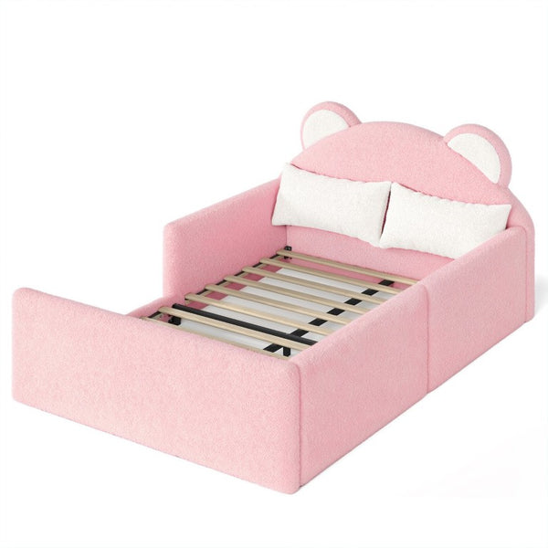 English Elm Full Kids Low Floor Bed Plush Teddy Fabric with Detachable Bear Headboard Cushion Full Antique White, Pink W5305P519074