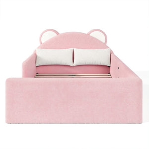 English Elm Full Kids Low Floor Bed Plush Teddy Fabric with Detachable Bear Headboard Cushion Full Antique White, Pink W5305P519074