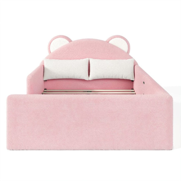English Elm Full Kids Low Floor Bed Plush Teddy Fabric with Detachable Bear Headboard Cushion Full Antique White, Pink W5305P519074