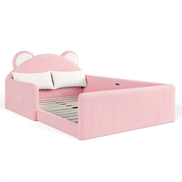 English Elm Full Kids Low Floor Bed Plush Teddy Fabric with Detachable Bear Headboard Cushion Full Antique White, Pink W5305P519074