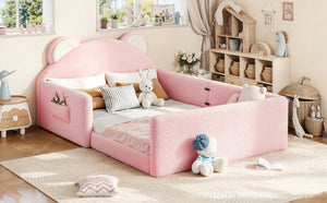 English Elm Full Kids Low Floor Bed Plush Teddy Fabric with Detachable Bear Headboard Cushion Full Antique White, Pink W5305P519074