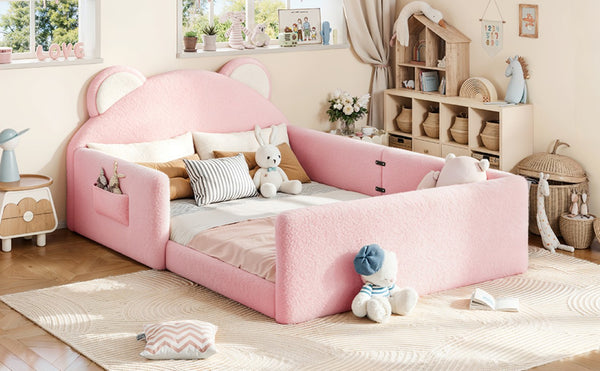 English Elm Full Kids Low Floor Bed Plush Teddy Fabric with Detachable Bear Headboard Cushion Full Antique White, Pink W5305P519074